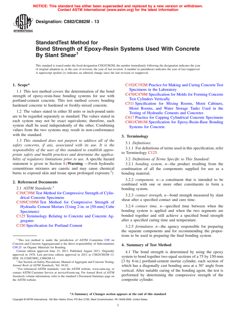 ASTM C882/C882M-13 - Standard Test Method for  Bond Strength of Epoxy-Resin Systems Used With Concrete By  Slant Shear