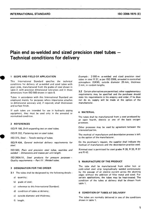 ISO 3306:1975 - Plain end as-welded and sized precision steel tubes -- Technical conditions for delivery