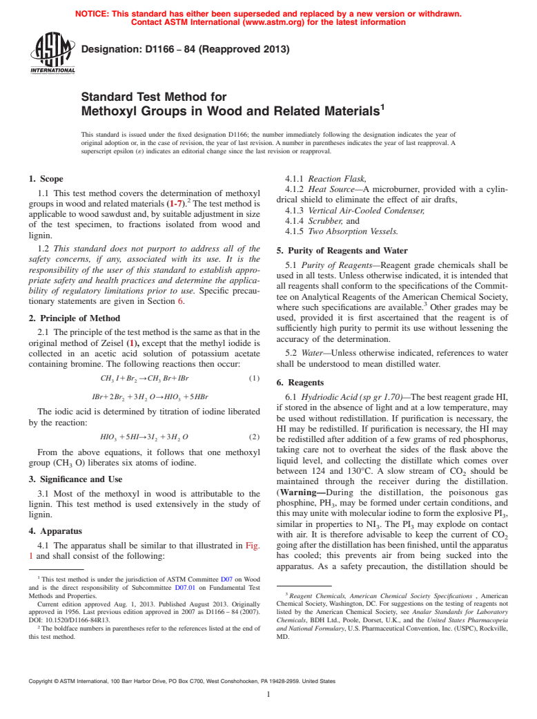 ASTM D1166-84(2013) - Standard Test Method for  Methoxyl Groups in Wood and Related Materials