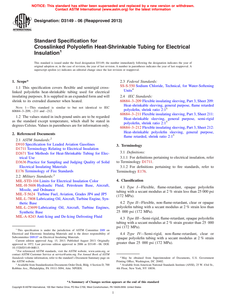 ASTM D3149-06(2013) - Standard Specification for  Crosslinked Polyolefin Heat-Shrinkable Tubing for Electrical  Insulation (Withdrawn 2020)