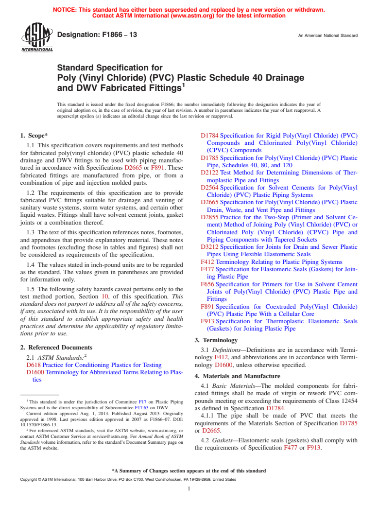 ASTM F1866-13 - Standard Specification for  Poly (Vinyl Chloride) (PVC) Plastic Schedule 40 Drainage and   DWV Fabricated Fittings