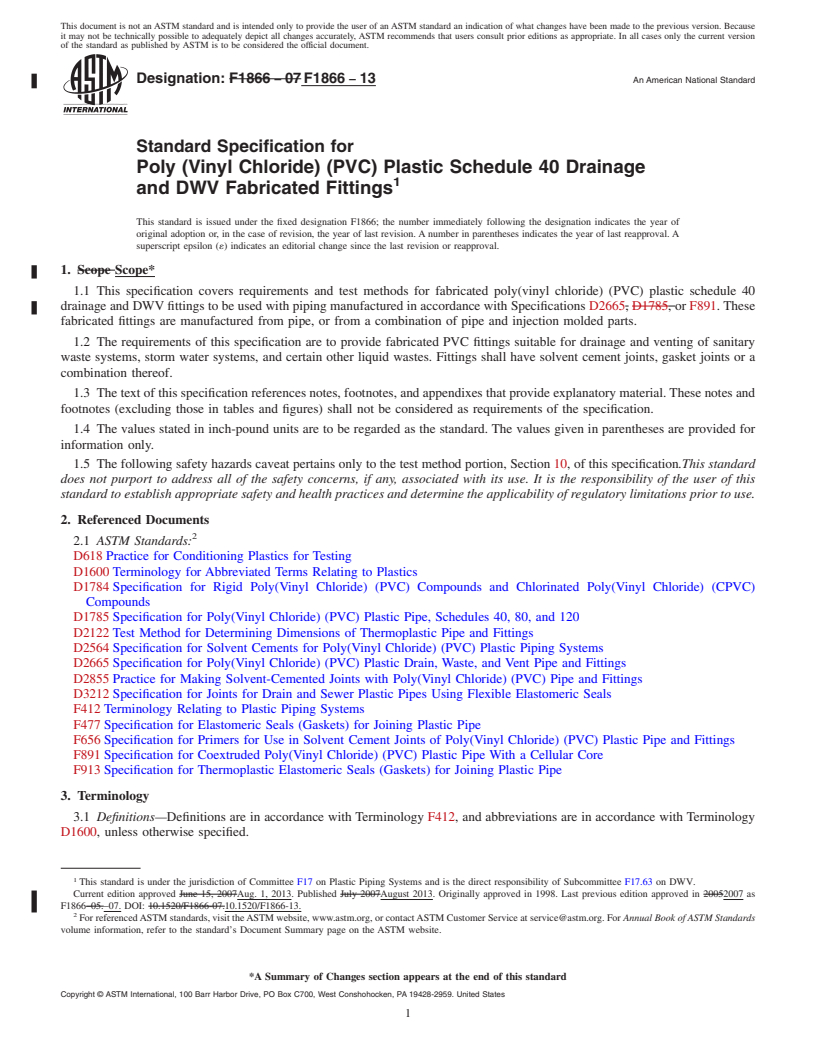 REDLINE ASTM F1866-13 - Standard Specification for  Poly (Vinyl Chloride) (PVC) Plastic Schedule 40 Drainage and   DWV Fabricated Fittings