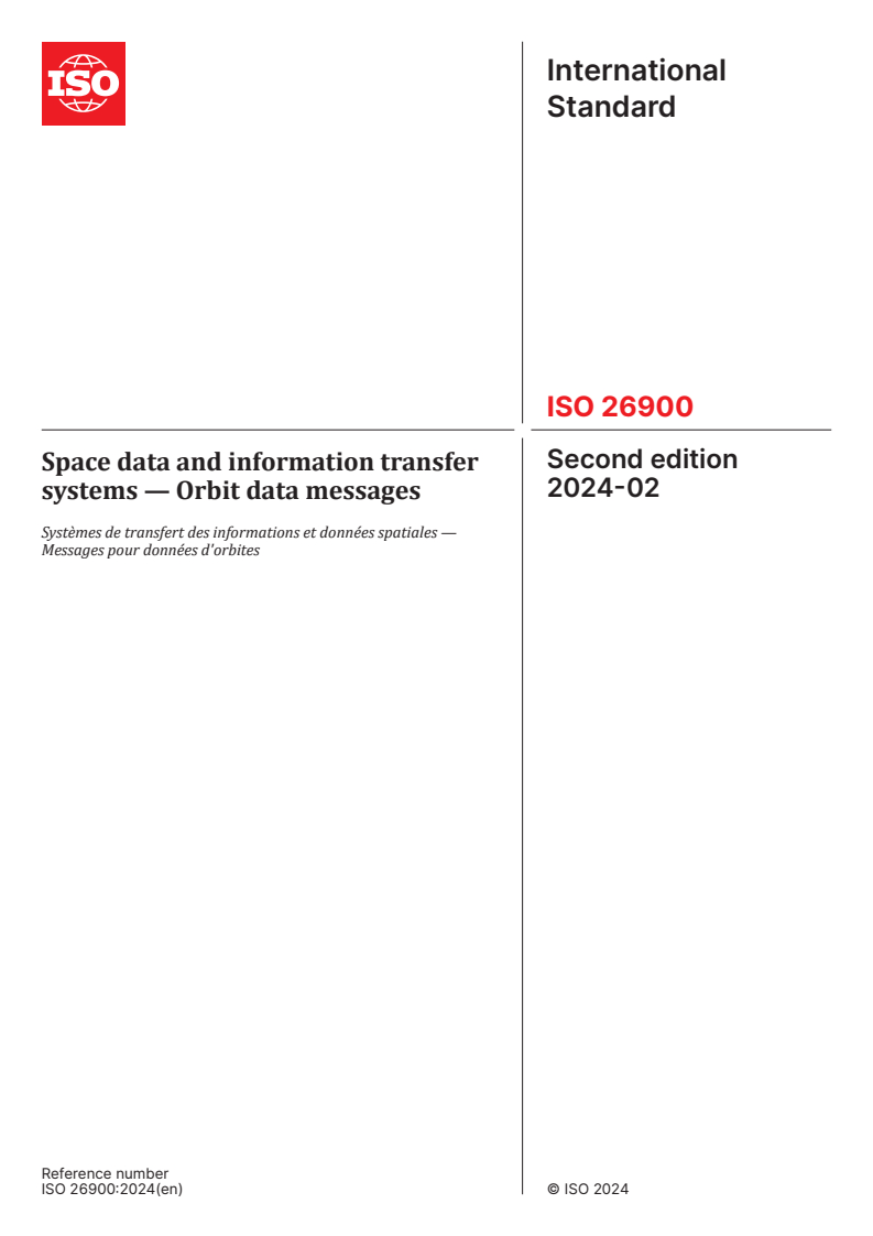 ISO 26900:2024 ISO 26900:2024 - Space data and information transfer systems — Orbit data messages
Released:9. 02. 2024 - Page 1 preview