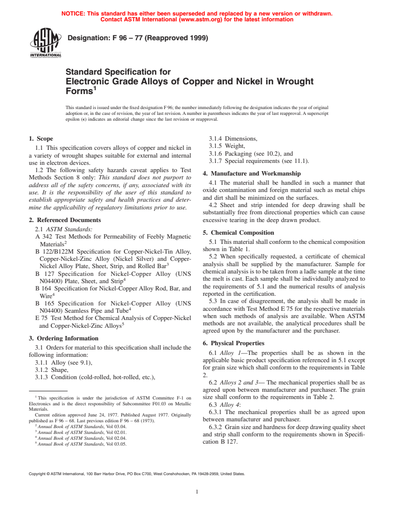 ASTM F96-77(1999) - Standard Specification for Electronic Grade Alloys of Copper and Nickel in Wrought Forms