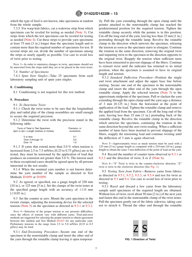 ASTM D1422/D1422M-13 - Standard Test Method for Twist in Single Spun Yarns by the Untwist-Retwist Method