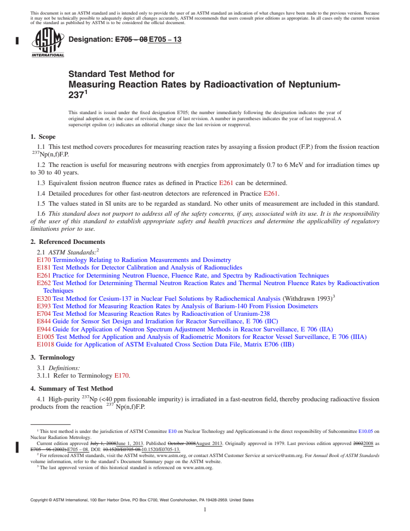 REDLINE ASTM E705-13 - Standard Test Method for  Measuring Reaction Rates by Radioactivation of Neptunium-237