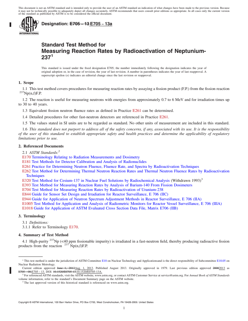 REDLINE ASTM E705-13a - Standard Test Method for  Measuring Reaction Rates by Radioactivation of Neptunium-237