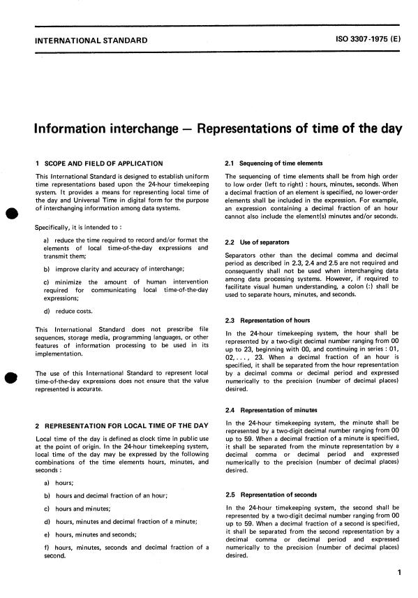 ISO 3307:1975 - Information interchange -- Representations of time of the day