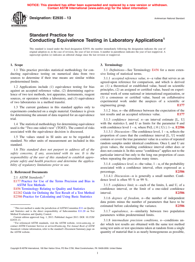 ASTM E2935-13 - Standard Practice for Conducting Equivalence Testing in Laboratory Applications