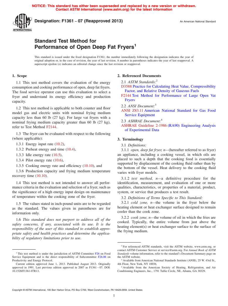 ASTM F1361-07(2013) - Standard Test Method for  Performance of Open Deep Fat Fryers