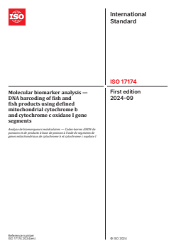 ISO 17174:2024 - Molecular biomarker analysis — DNA barcoding of fish and fish products using defined mitochondrial cytochrome b and cytochrome c oxidase I gene segments
Released:6. 09. 2024 - Page 1 preview