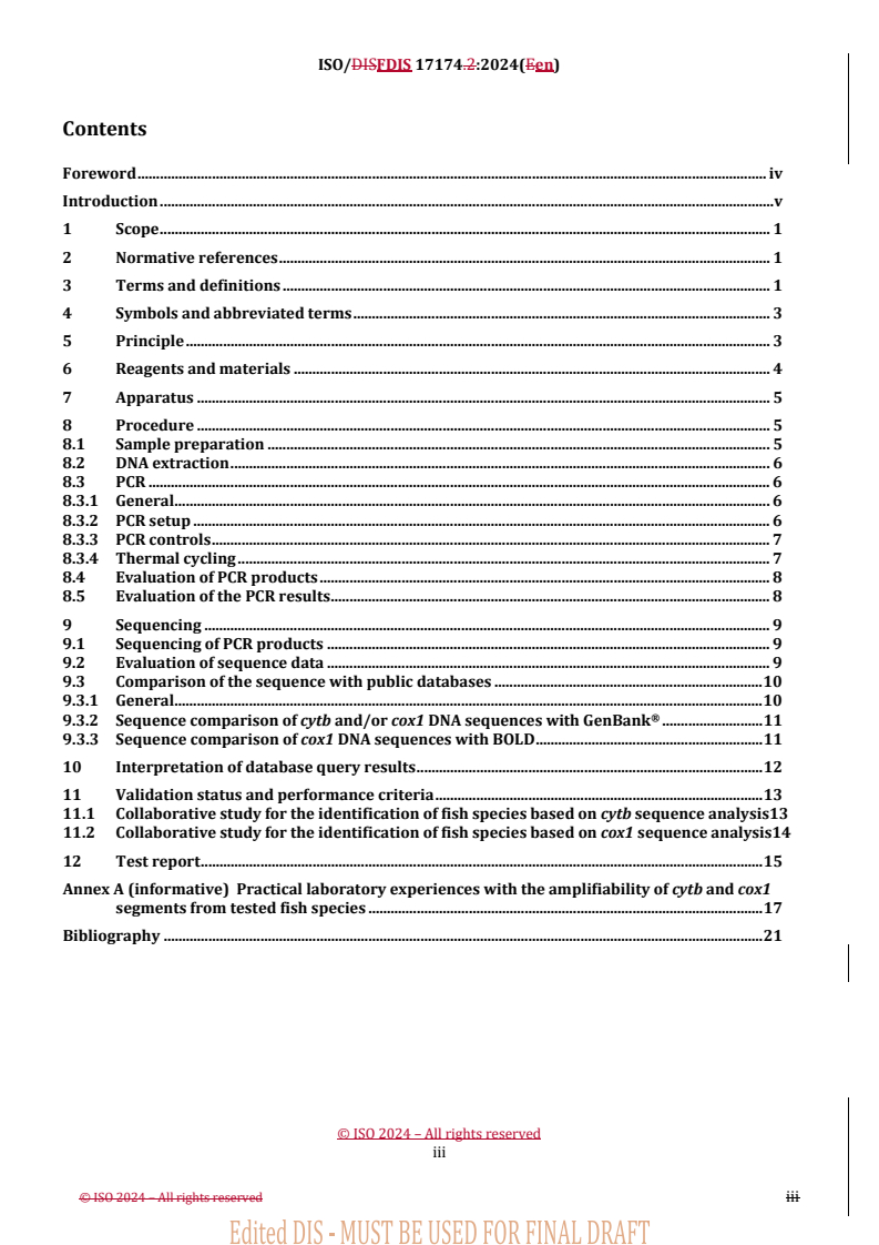 REDLINE ISO/FDIS 17174 - Molecular biomarker analysis — DNA barcoding of fish and fish products using defined mitochondrial cytochrome b and cytochrome c oxidase I gene segments
Released:28. 05. 2024