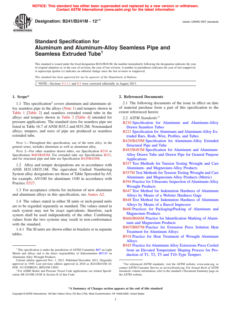 ASTM B241/B241M-12e1 - Standard Specification for  Aluminum and Aluminum-Alloy Seamless Pipe and Seamless Extruded  Tube