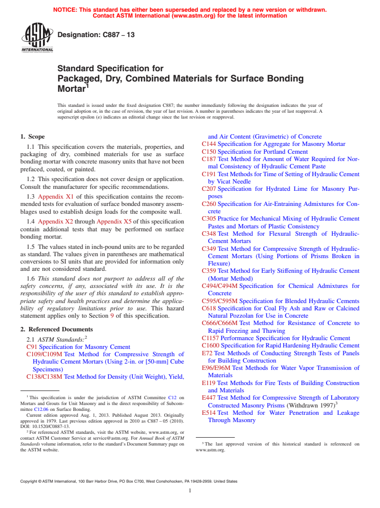 ASTM C887-13 - Standard Specification for Packaged, Dry, Combined Materials for Surface Bonding Mortar