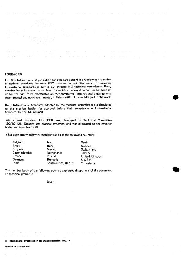ISO 3308:1977 ISO 3308:1977 - Tobacco and tobacco products -- Routine analytical cigarette-smoking machine -- Definitions, standard conditions and auxiliary equipment - Page 2 preview
