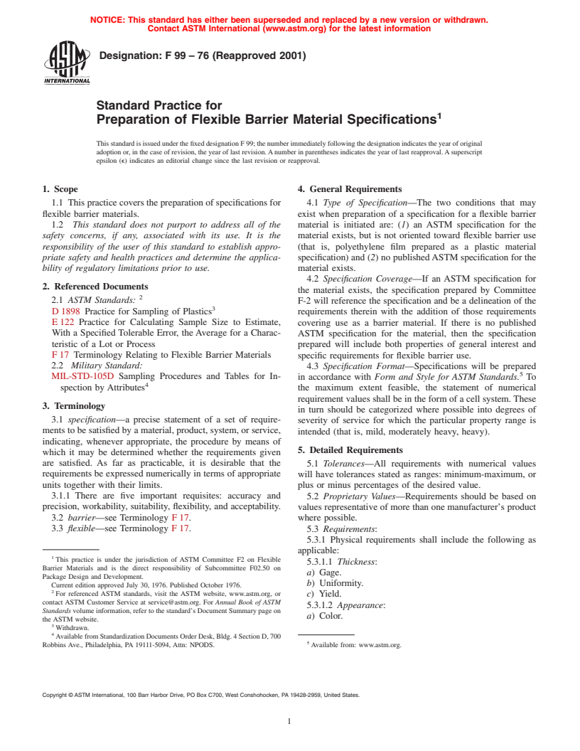 ASTM F99-76(2001) - Standard Practice for Preparation of Flexible Barrier Material Specifications