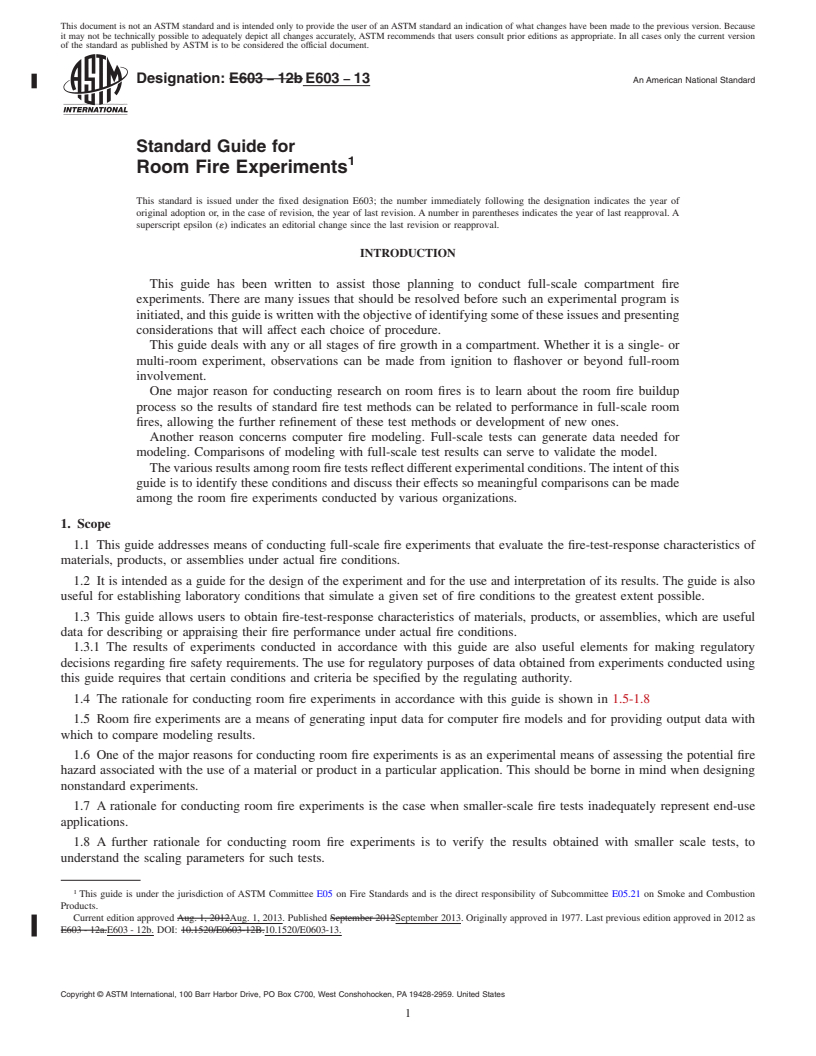 REDLINE ASTM E603-13 - Standard Guide for  Room Fire Experiments