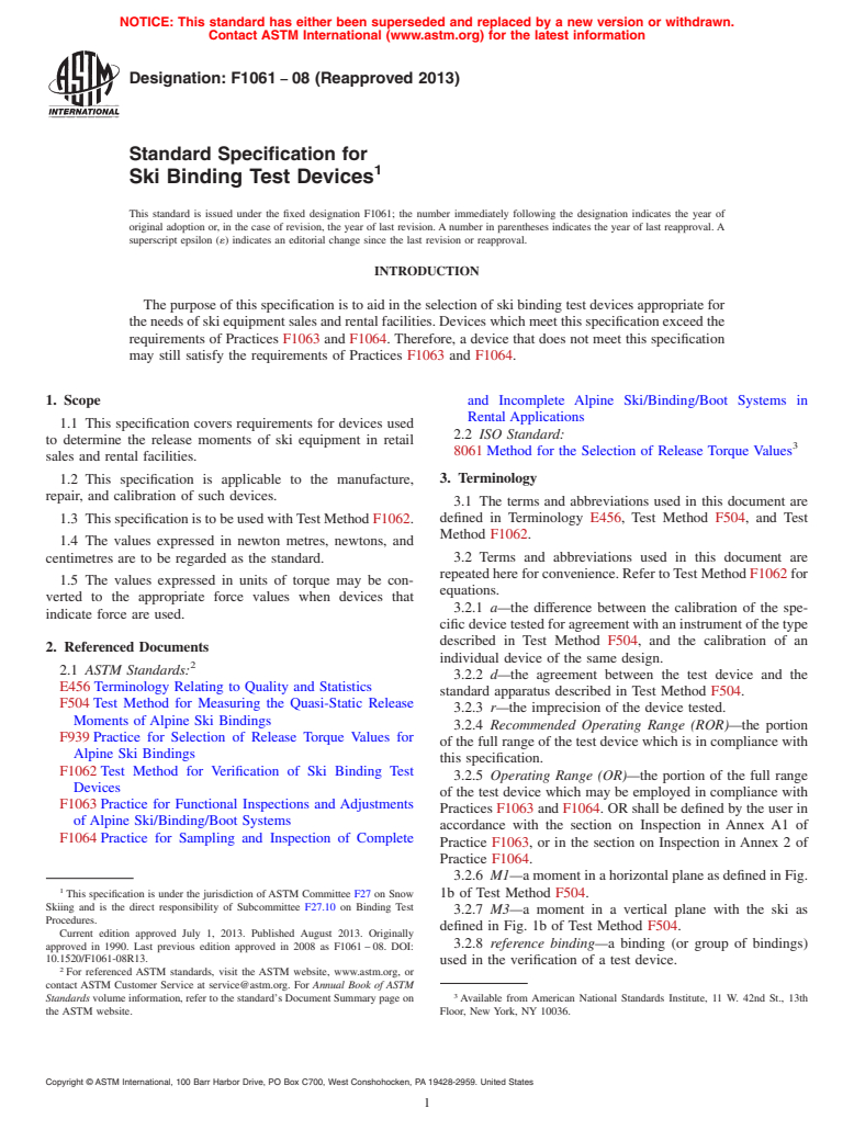 ASTM F1061-08(2013) - Standard Specification for  Ski Binding Test Devices