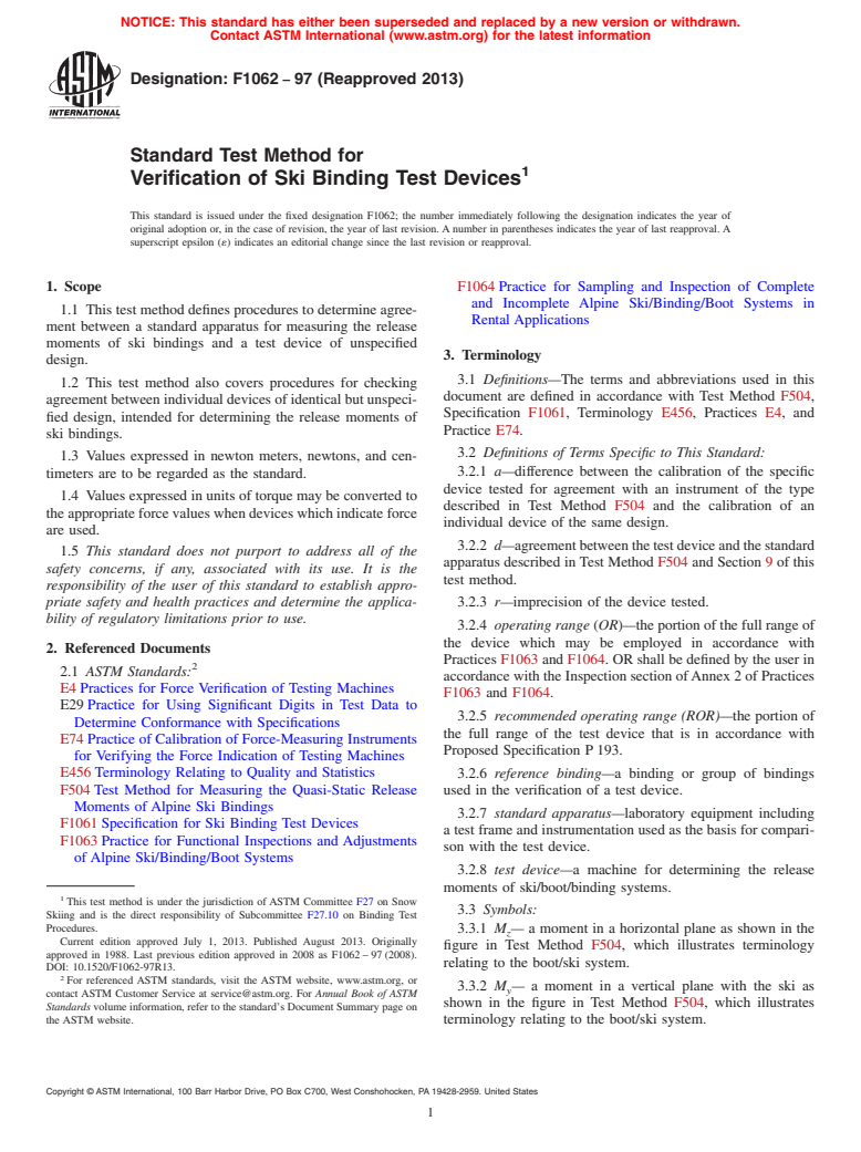 ASTM F1062-97(2013) - Standard Test Method for  Verification of Ski Binding Test Devices