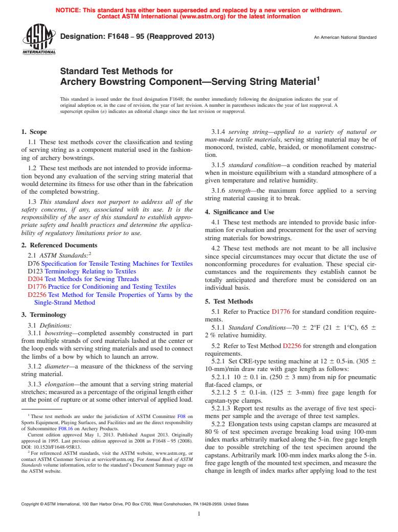 ASTM F1648-95(2013) - Standard Test Methods for  Archery Bowstring Component&mdash;Serving String Material (Withdrawn 2022)