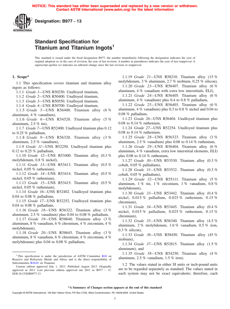 ASTM B977-13 - Standard Specification for Titanium and Titanium Ingots