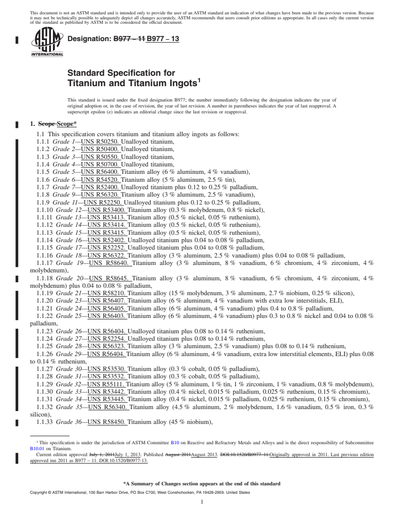 REDLINE ASTM B977-13 - Standard Specification for Titanium and Titanium Ingots