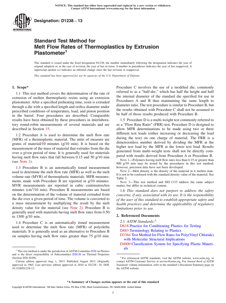 ASTM D1238-13 - Standard Test Method for  Melt Flow Rates of Thermoplastics by Extrusion Plastometer