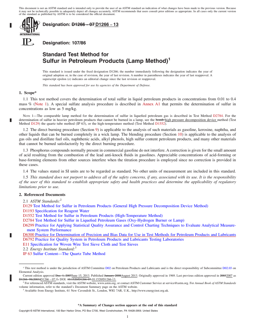 REDLINE ASTM D1266-13 - Standard Test Method for Sulfur in Petroleum Products (Lamp Method)