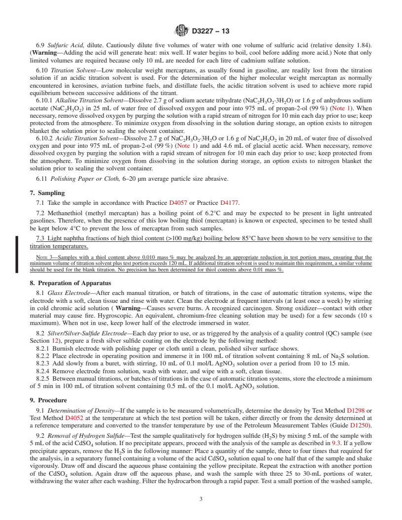 REDLINE ASTM D3227-13 - Standard Test Method for  (Thiol Mercaptan) Sulfur in Gasoline, Kerosine, Aviation Turbine,   and Distillate Fuels (Potentiometric Method)