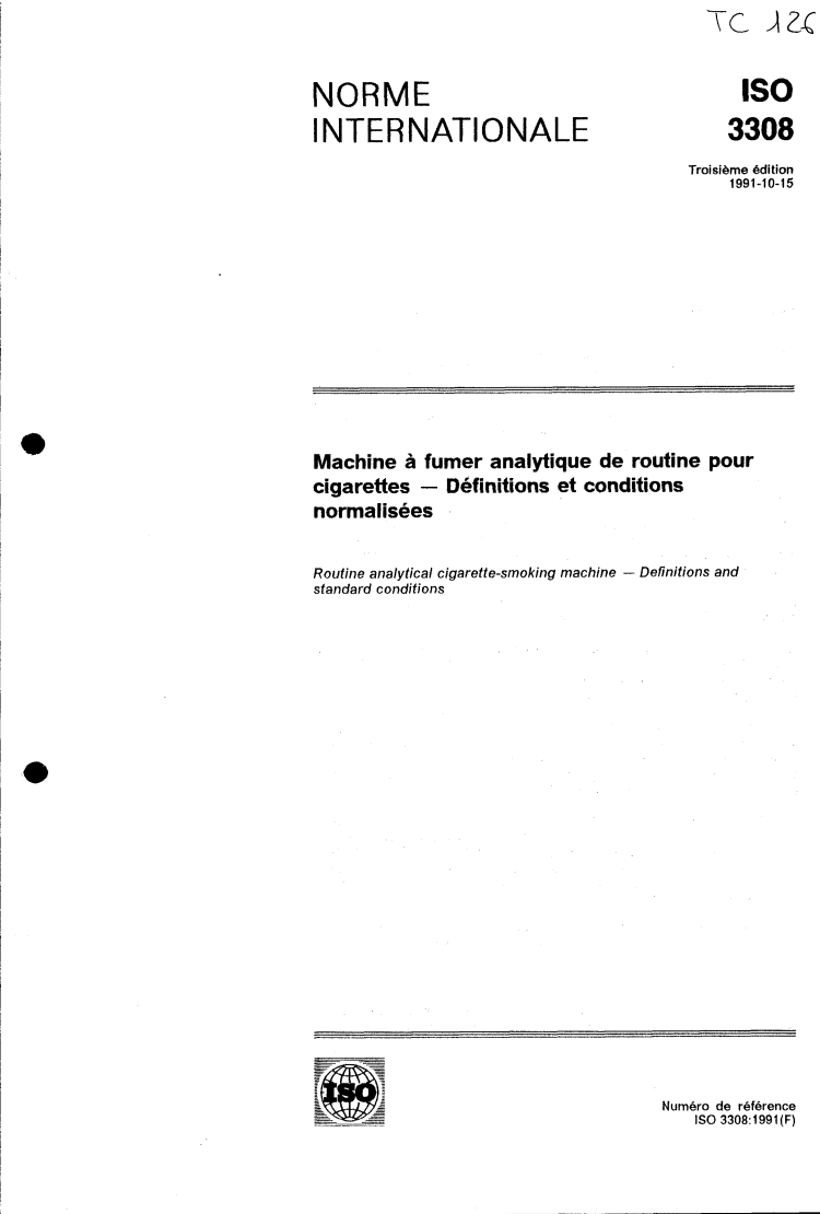 ISO 3308:1991 - Machine à fumer analytique de routine pour cigarettes — Définitions et conditions normalisées
Released:2/27/1992
