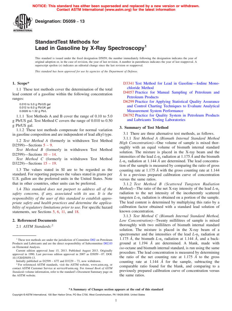 ASTM D5059-13 - Standard Test Methods for Lead in Gasoline by X-Ray Spectroscopy