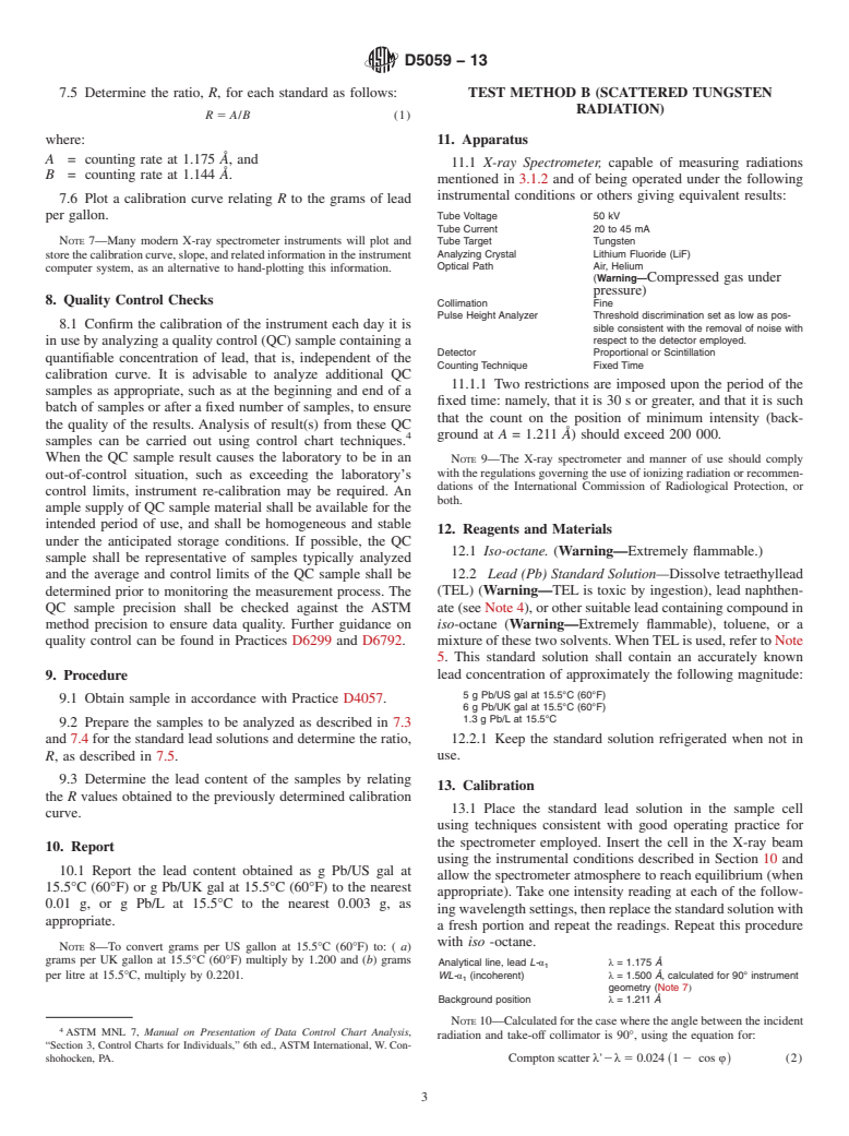 ASTM D5059-13 - Standard Test Methods for Lead in Gasoline by X-Ray Spectroscopy