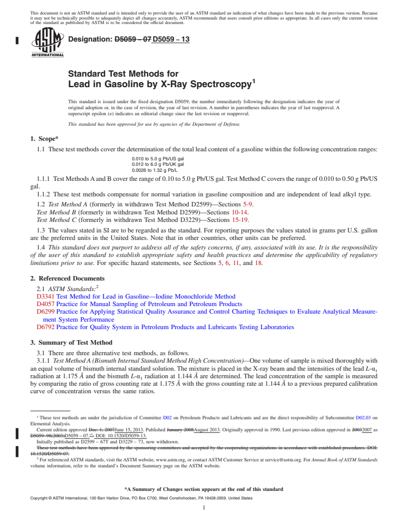 REDLINE ASTM D5059-13 - Standard Test Methods for Lead in Gasoline by X-Ray Spectroscopy