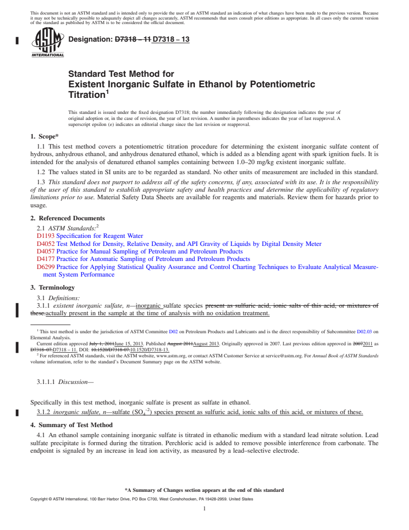 REDLINE ASTM D7318-13 - Standard Test Method for  Existent Inorganic Sulfate in Ethanol by Potentiometric Titration