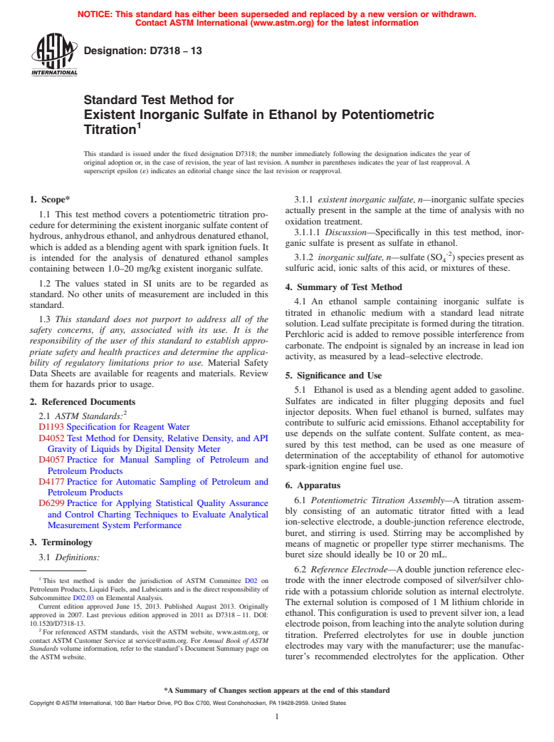 ASTM D7318-13 - Standard Test Method for  Existent Inorganic Sulfate in Ethanol by Potentiometric Titration