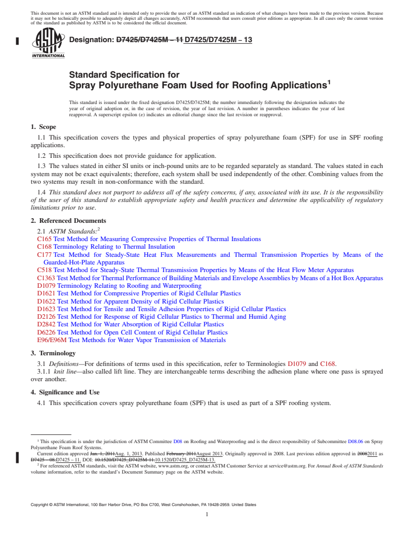 REDLINE ASTM D7425/D7425M-13 - Standard Specification for  Spray Polyurethane Foam Used for Roofing Applications