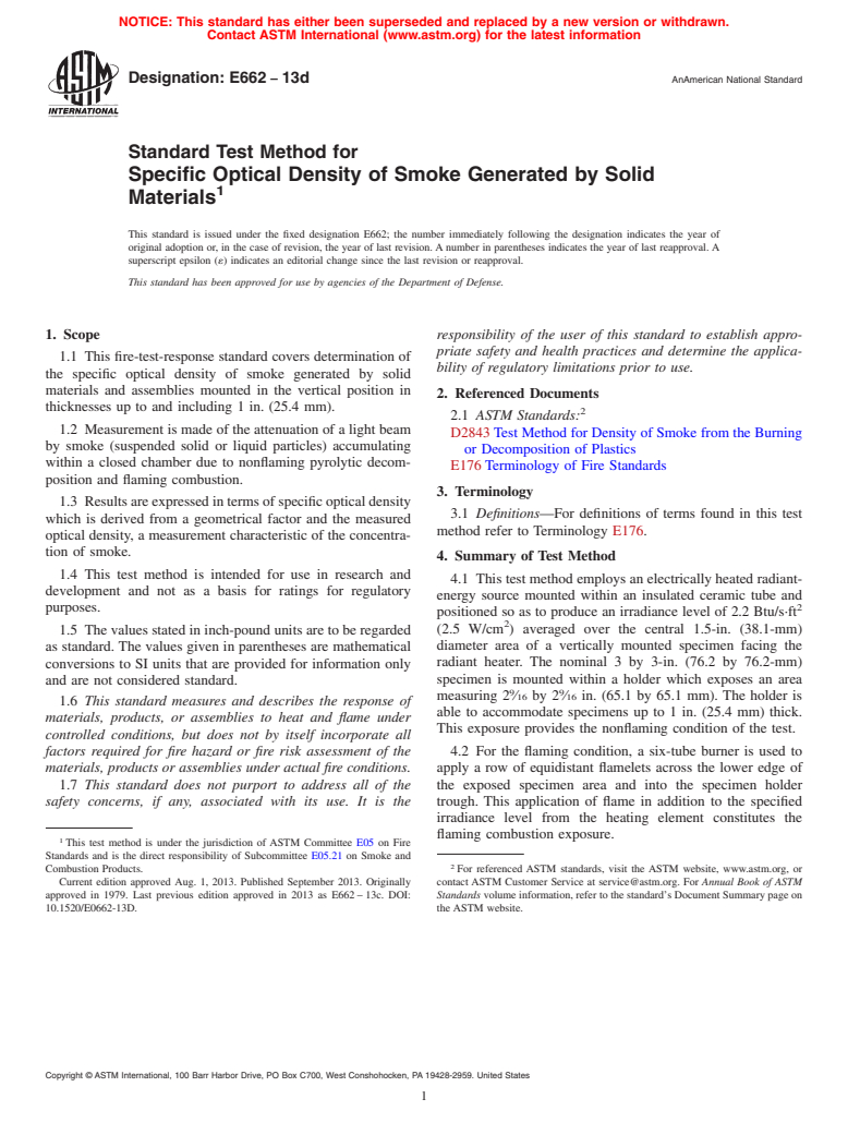 ASTM E662-13d - Standard Test Method for  Specific Optical Density of Smoke Generated by Solid Materials