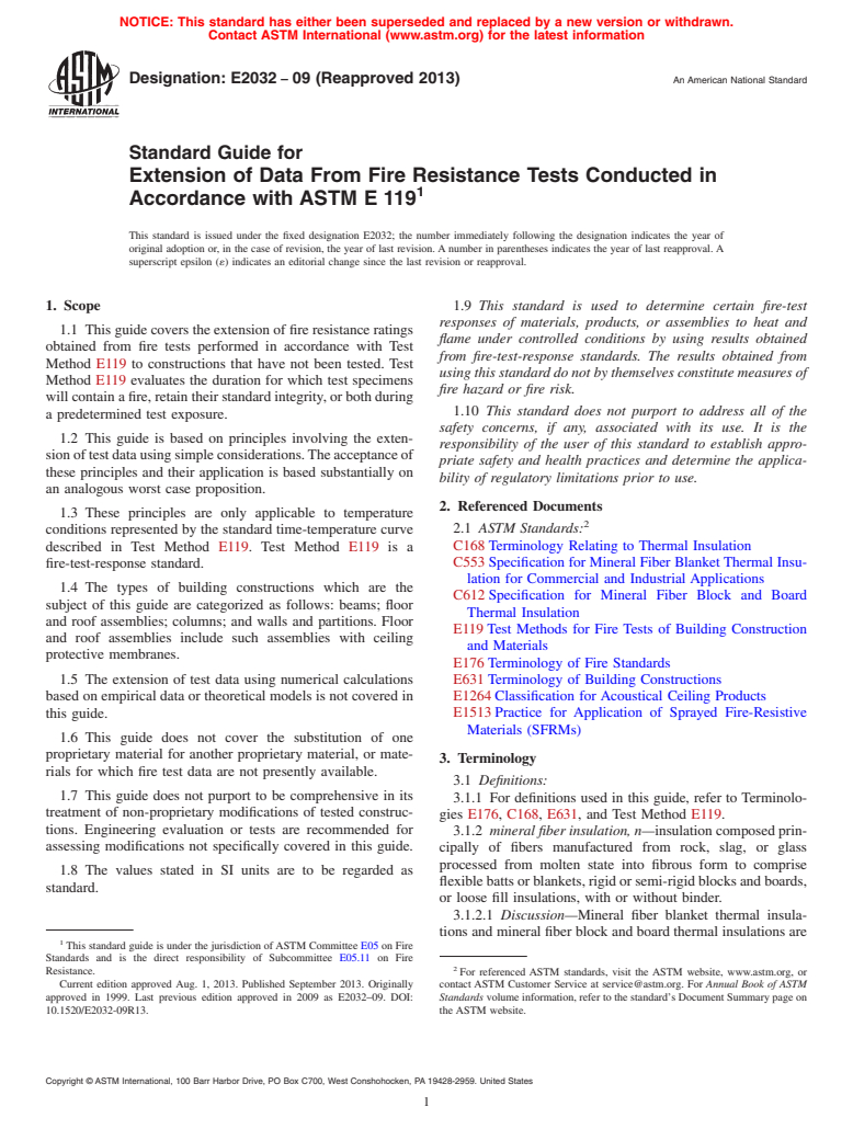 ASTM E2032-09(2013) - Standard Guide for  Extension of Data From Fire Resistance Tests Conducted in Accordance  with ASTM E&#8201;119