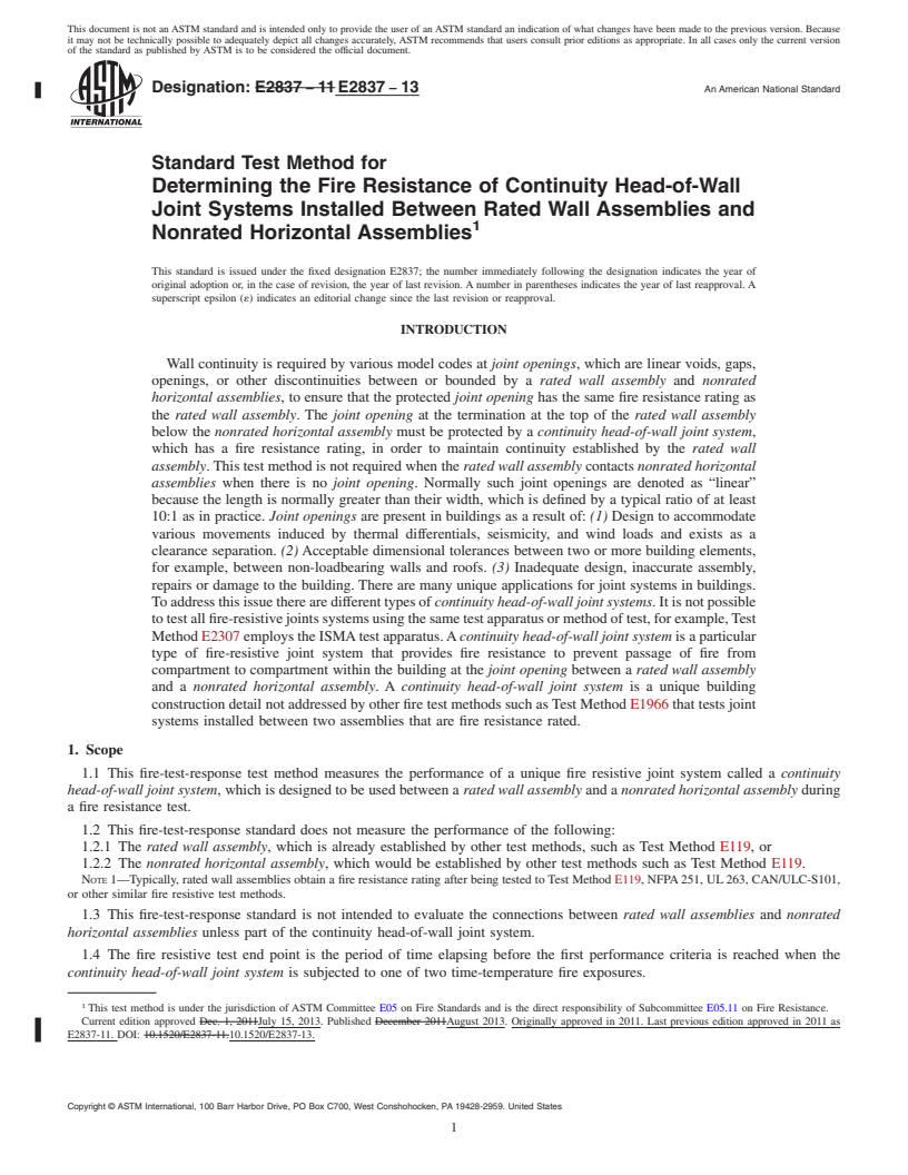 REDLINE ASTM E2837-13 - Standard Test Method for  Determining the Fire Resistance of Continuity Head-of-Wall  Joint Systems Installed Between Rated Wall Assemblies and Nonrated  Horizontal Assemblies