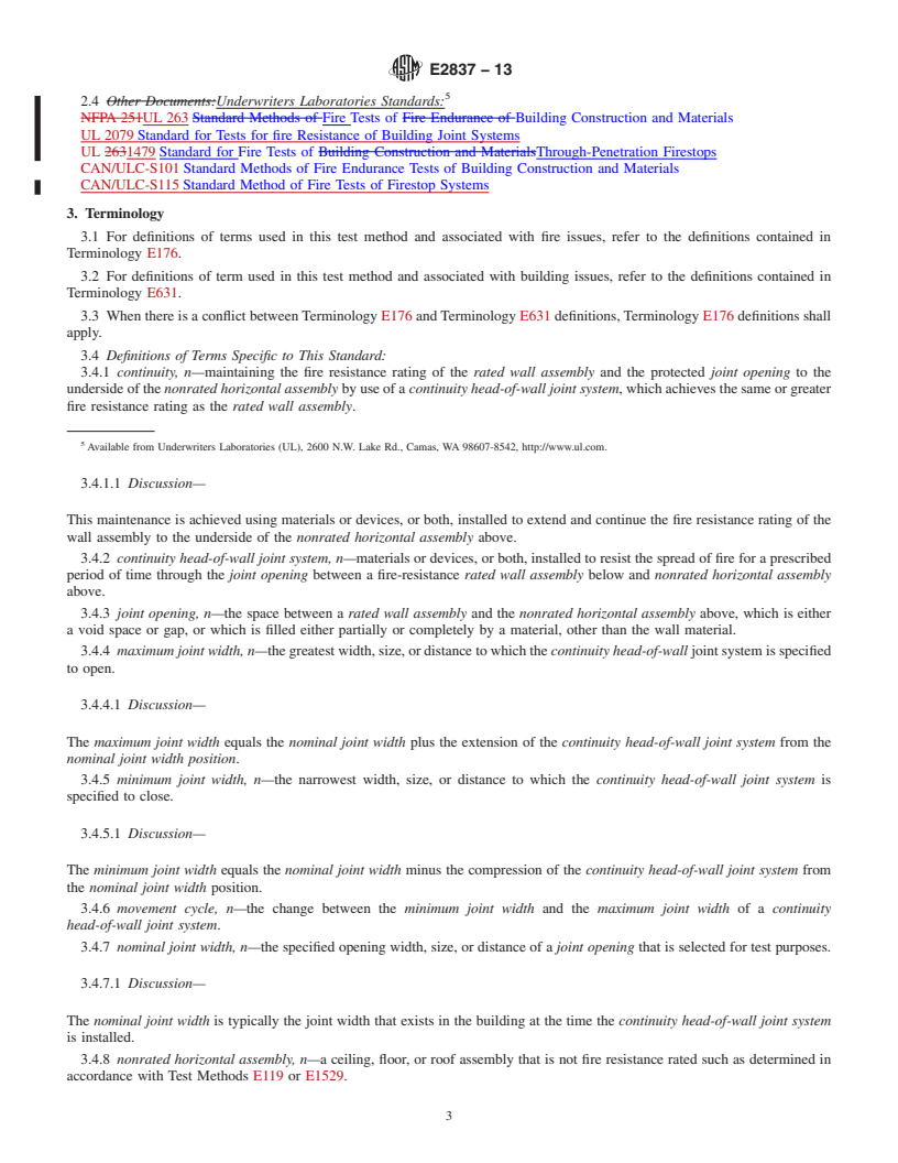 REDLINE ASTM E2837-13 - Standard Test Method for  Determining the Fire Resistance of Continuity Head-of-Wall  Joint Systems Installed Between Rated Wall Assemblies and Nonrated  Horizontal Assemblies