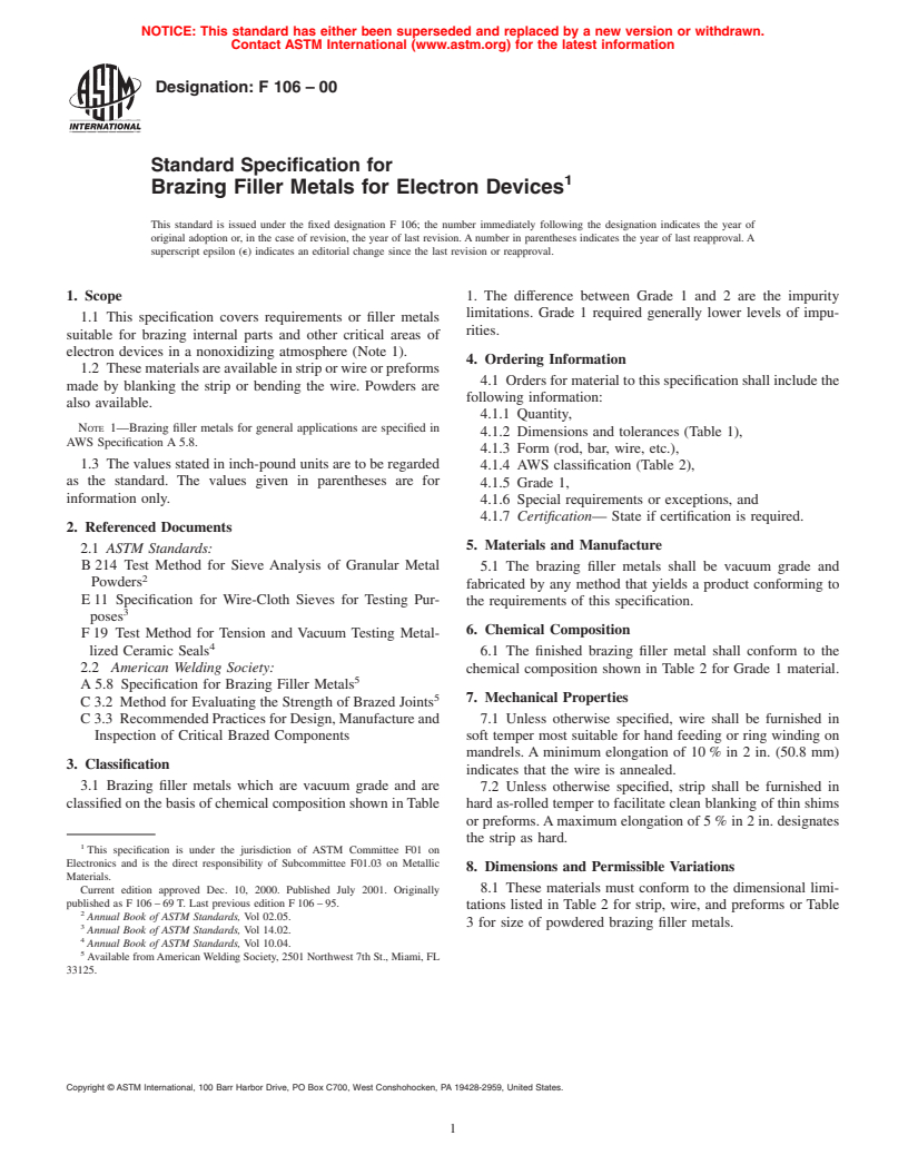 ASTM F106-00 - Standard Specification for Brazing Filler Metals for Electron Devices