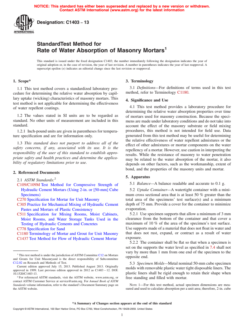 ASTM C1403-13 - Standard Test Method for  Rate of Water Absorption of Masonry Mortars