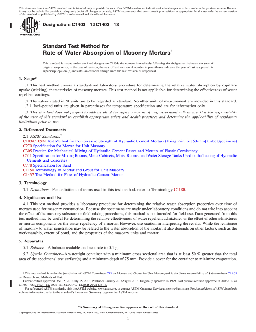 REDLINE ASTM C1403-13 - Standard Test Method for  Rate of Water Absorption of Masonry Mortars