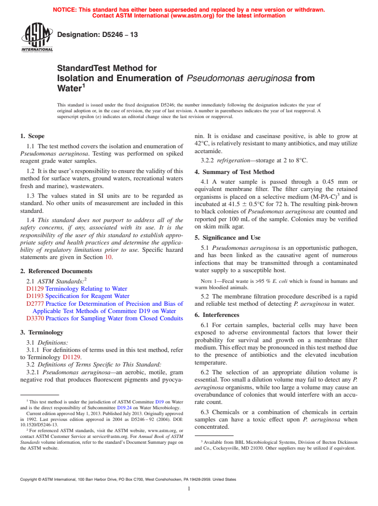 ASTM D5246-13 - Standard Test Method for  Isolation and Enumeration of <emph type="ital">Pseudomonas  aeruginosa </emph> from  Water