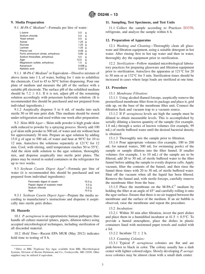 ASTM D5246-13 - Standard Test Method for  Isolation and Enumeration of <emph type="ital">Pseudomonas  aeruginosa </emph> from  Water