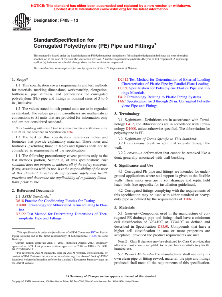 ASTM F405-13 - Standard Specification for  Corrugated Polyethylene (PE) Pipe and Fittings (Withdrawn 2015)