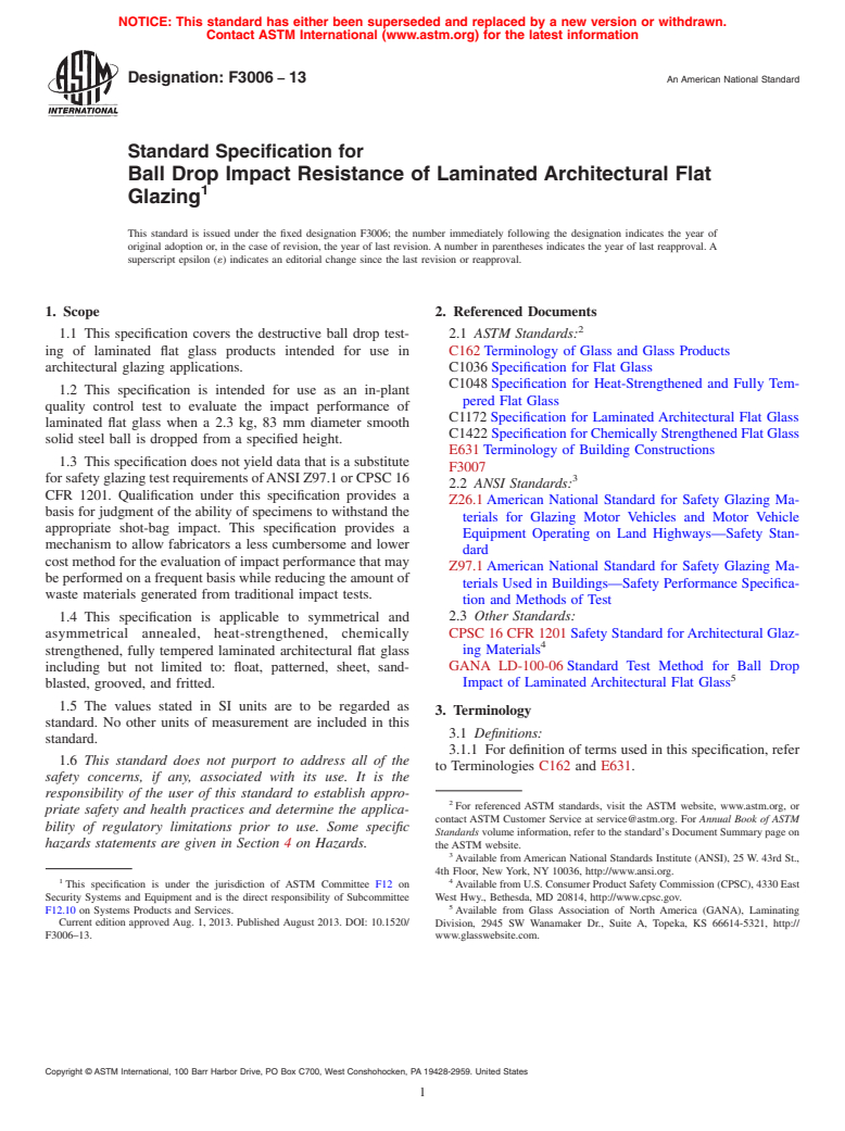 ASTM F3006-13 - Standard Specification for Ball Drop Impact Resistance of Laminated Architectural Flat  Glazing