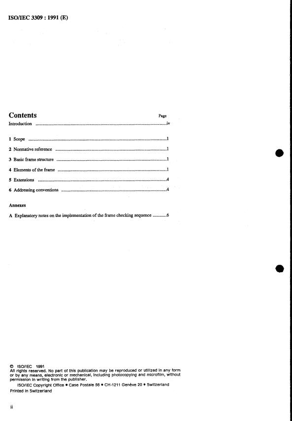 ISO 3309:1991 ISO 3309:1991 - Information technology -- Telecommunications and information exchange between systems -- High-level data link control (HDLC) procedures -- Frame structure - Page 2 preview