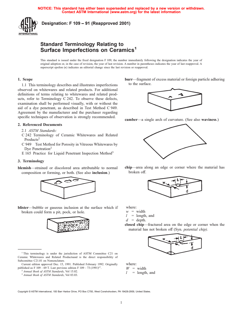 ASTM F109-91(2001) - Standard Terminology Relating to Surface Imperfections on Ceramics