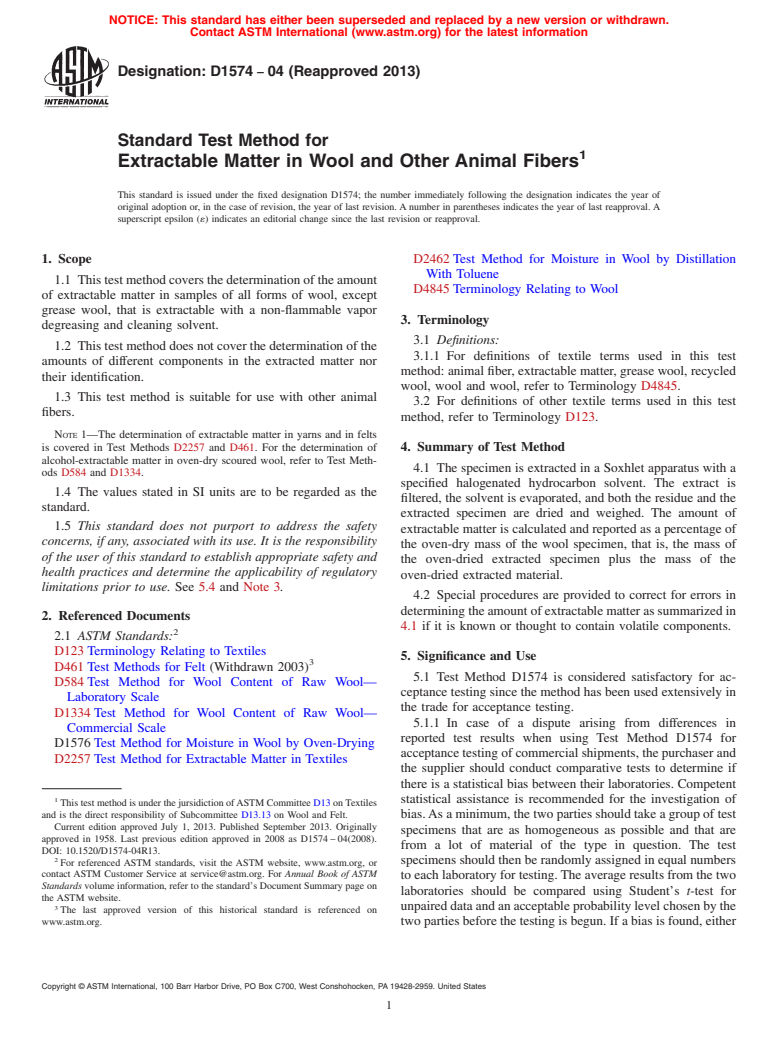 ASTM D1574-04(2013) - Standard Test Method for  Extractable Matter in Wool and Other Animal Fibers (Withdrawn 2022)